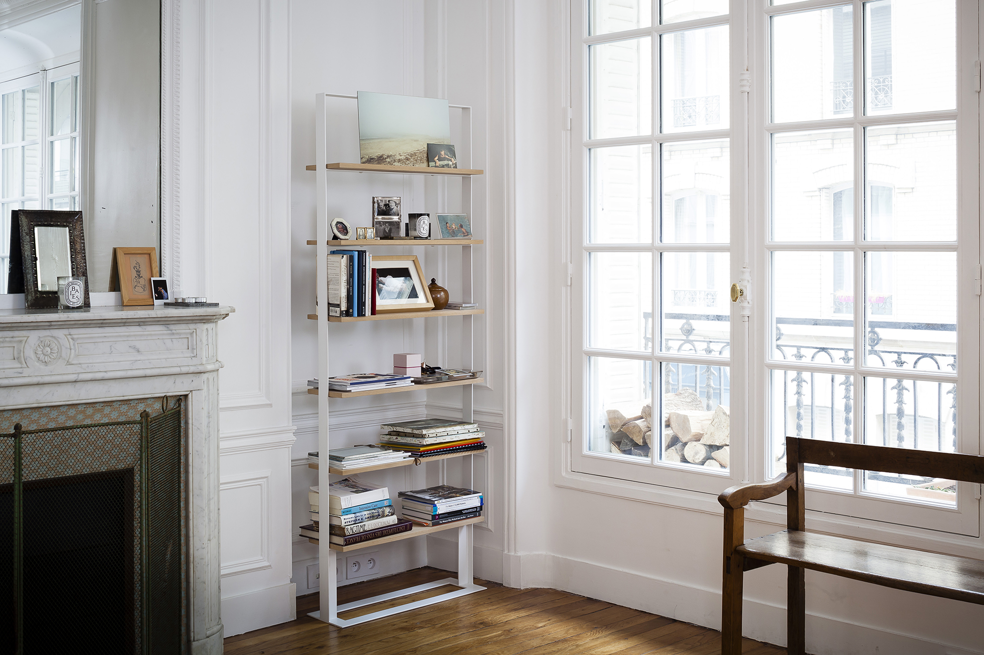 Designer bookshelf in wood and steel