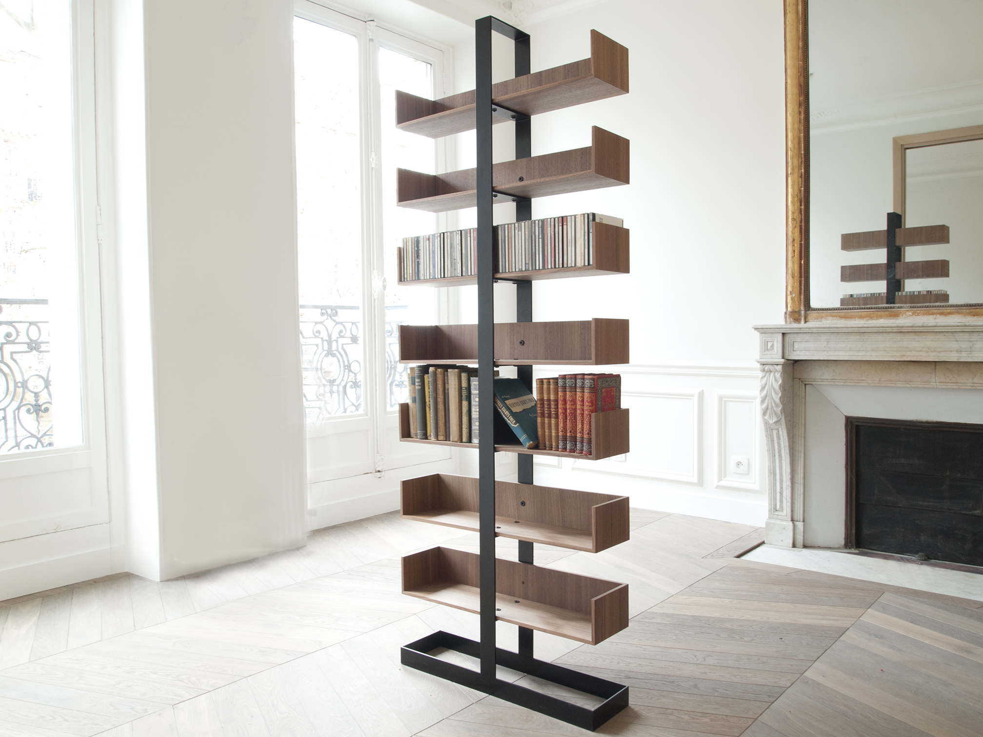 Designer bookshelf in wood and metal