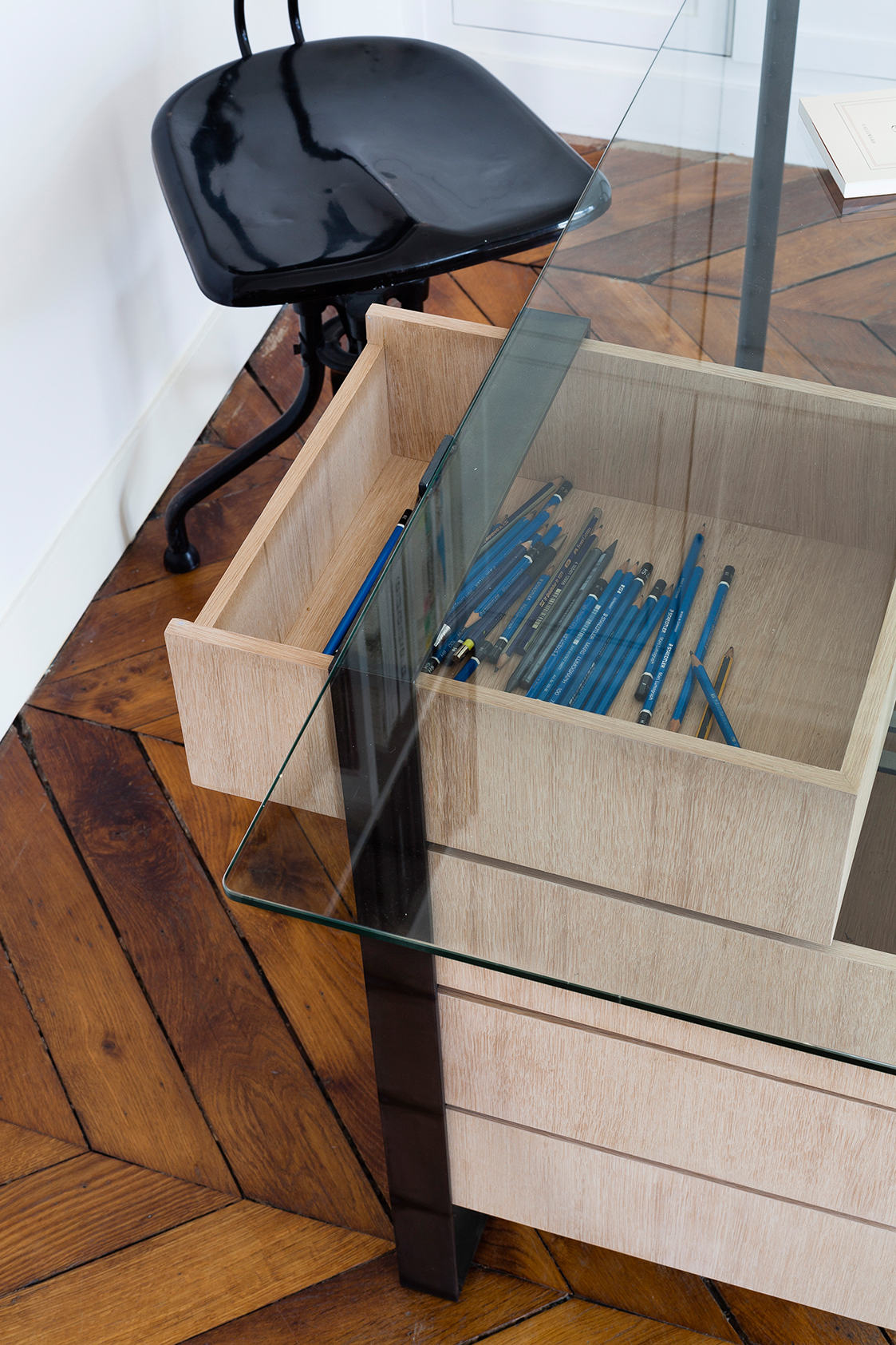 Designer desk in glass, wood and metal