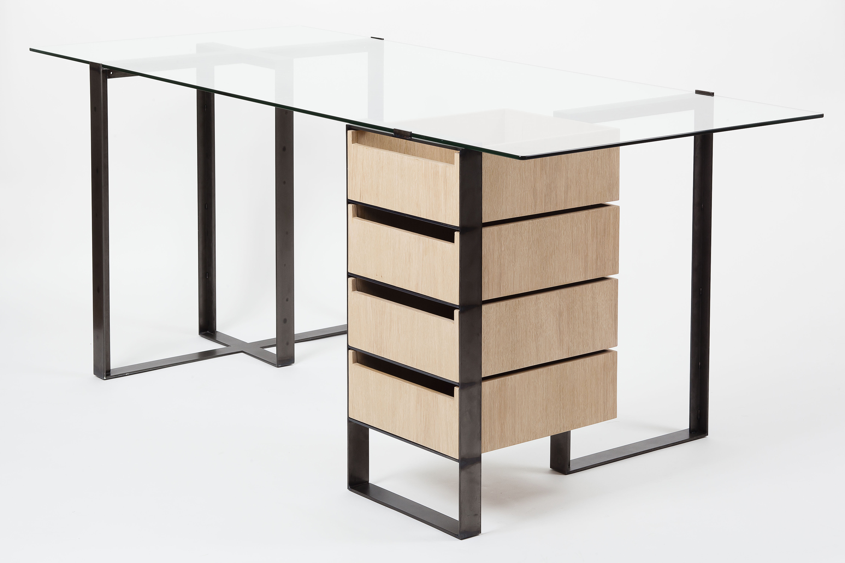 Desk in steel, glass and wood