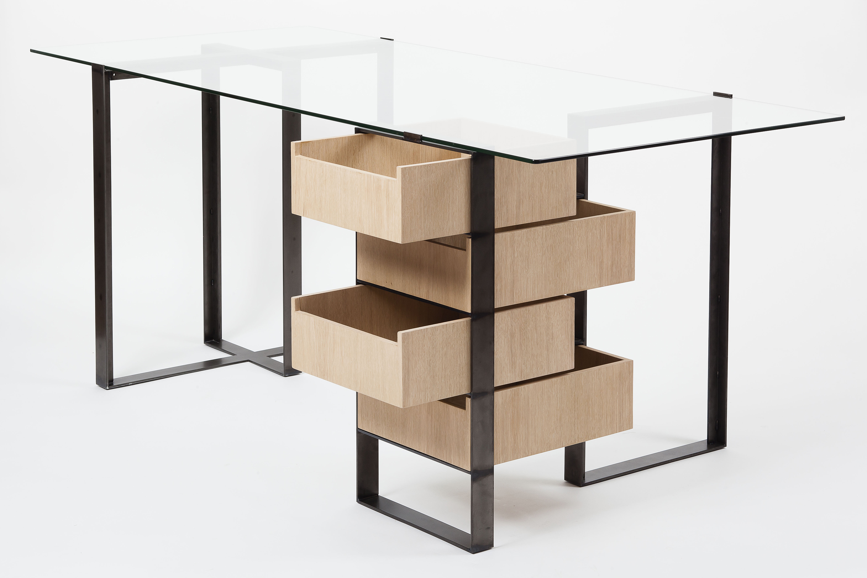 Desk in steel, glass and wood