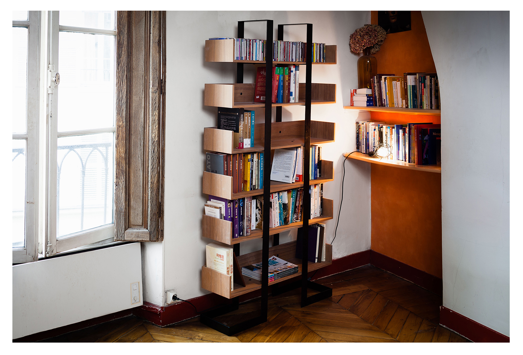 Designer bookshelf in metal and wood