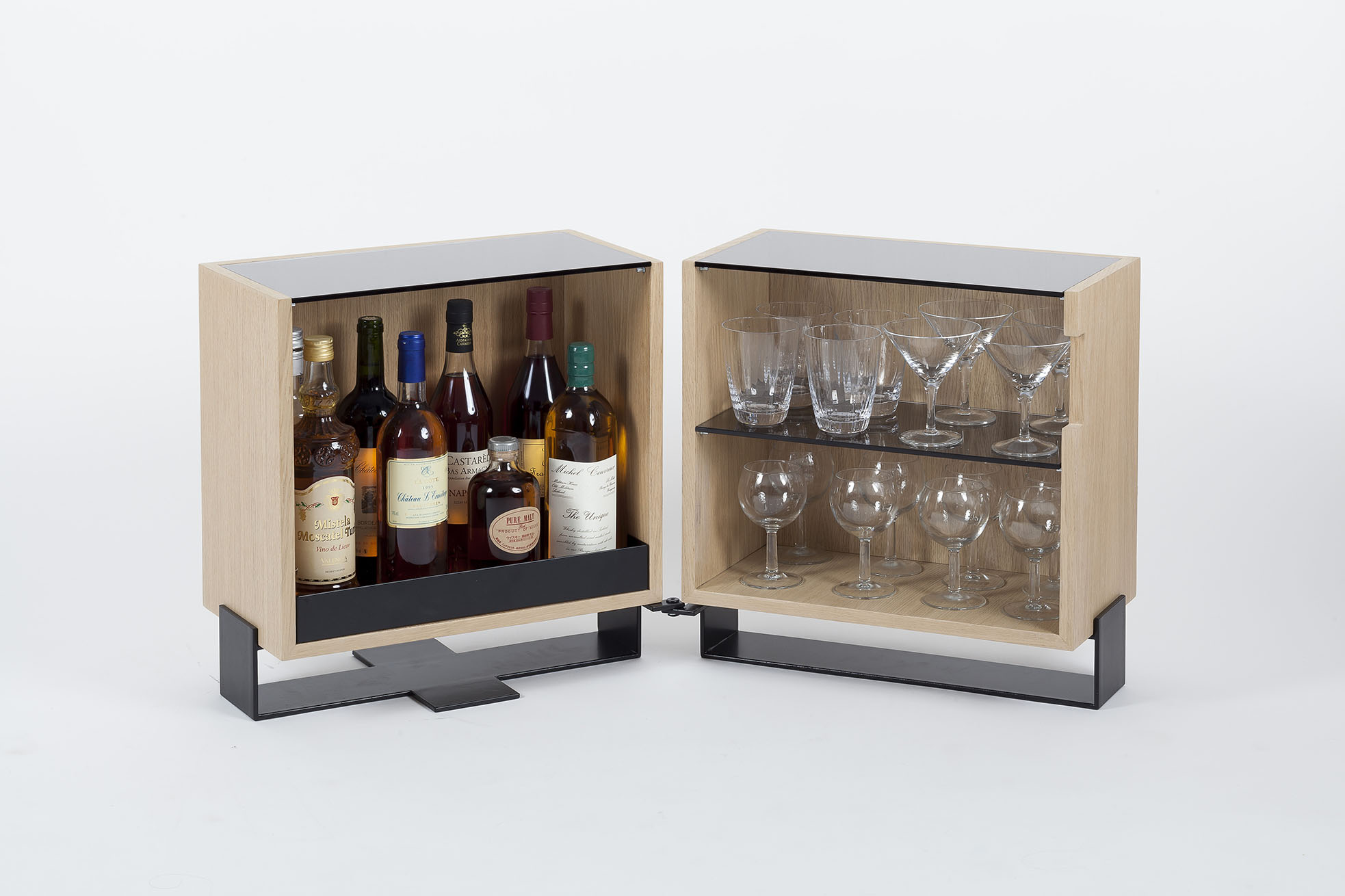 Liquor cabinet in wood glass and steel Liquor cabinet in wood and steel