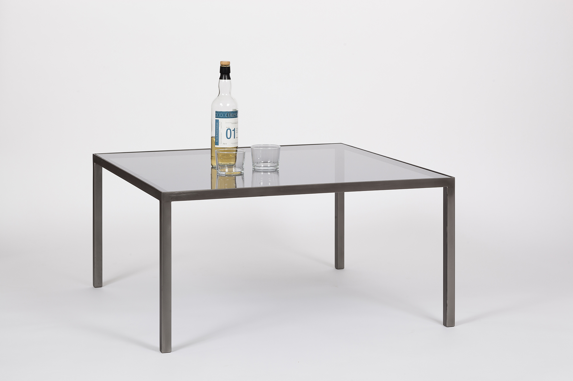 Table basse design verre teinté et métal brossé Vaneau par Alex de Rouvray